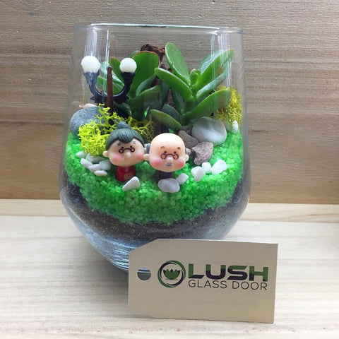 Customized Cute & Blissful Old Couple Themed Succulents Terrarium by Lush Glass Door Singapore