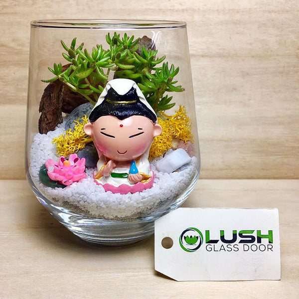 Customised Cute Guan Yin Themed Succulent Terrarium by Lush Glass Door Singapore