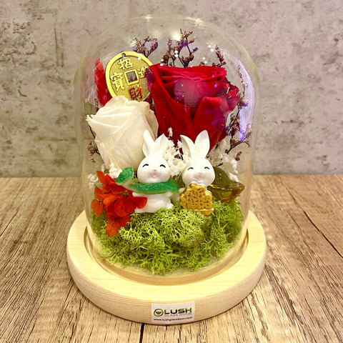 Huaty Bunnies Eternal Rose Preserved Flower Glass Dome