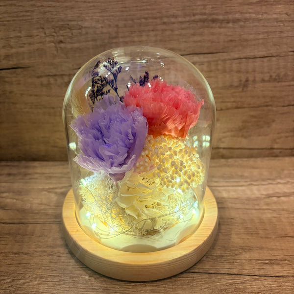 Mother's Day Berry Blossom Carnation Preserved Flower Glass Dome With Fairy Light