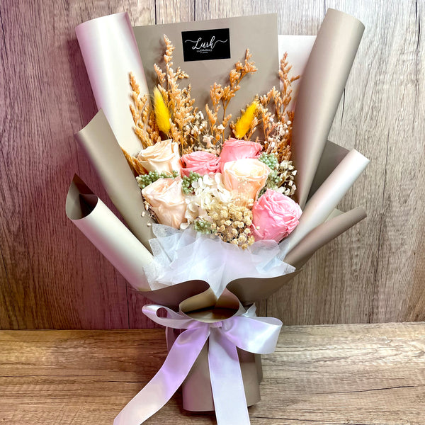 Madeline Preserved Flower Bouquet (6 Roses - Pink &amp; Champagne)