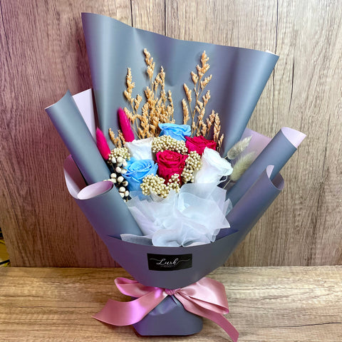 Shirley Preserved Flower Bouquet (6 Roses- White, Fuchsia, Blue)