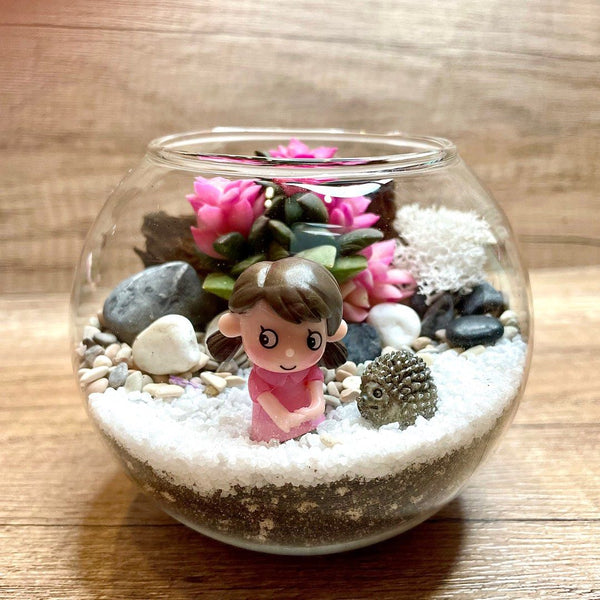 Sweet Pink Girl with Hedgehog Succulent Terrarium in Small Round Bowl