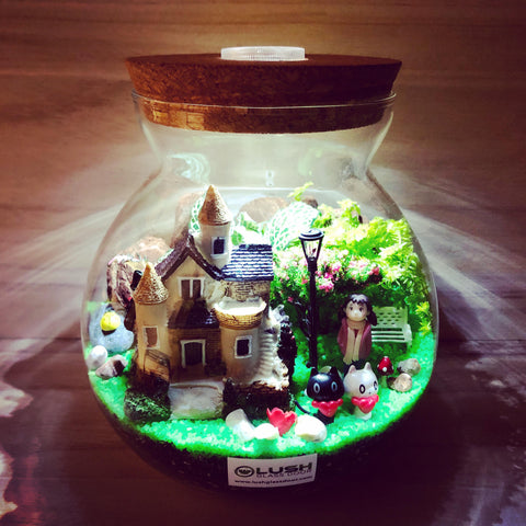 Customized The Girl With A Big House Themed Fittonia Terrarium with Light (Large) by Lush Glass Door Singapore