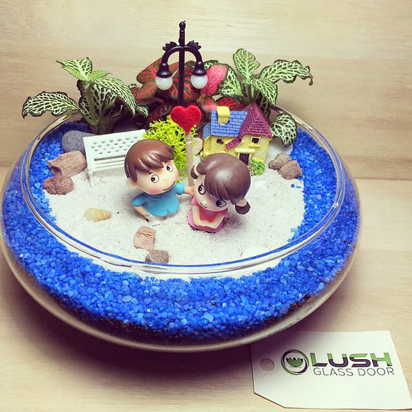 Customized Loving Couple by the Lake Themed Fittonia Mid Range Terrarium by Lush Glass Door Singapore