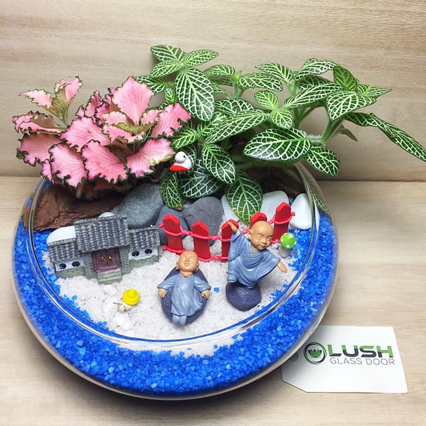 Customized Shaolin Monks by the Lake Themed Fittonia Mid Range Terrarium by Lush Glass Door Singapore