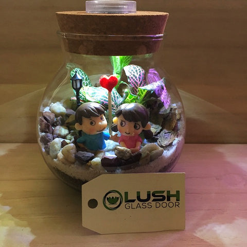 Customized Love Story Themed Fittonia Terrarium with Light by Lush Glass Door Singapore