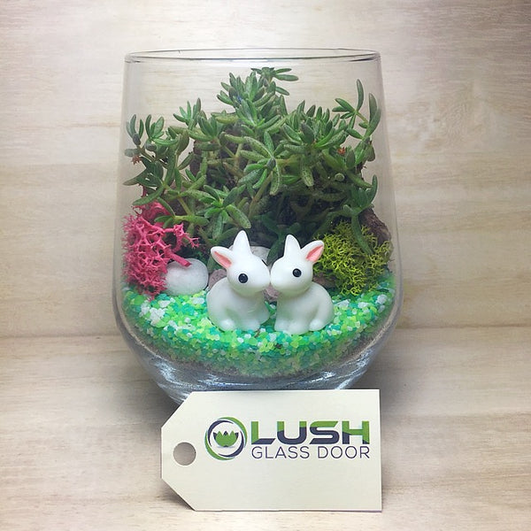 Customised Loving White Rabbits at the Park Themed Succulent Terrarium by Lush Glass Door Singapore