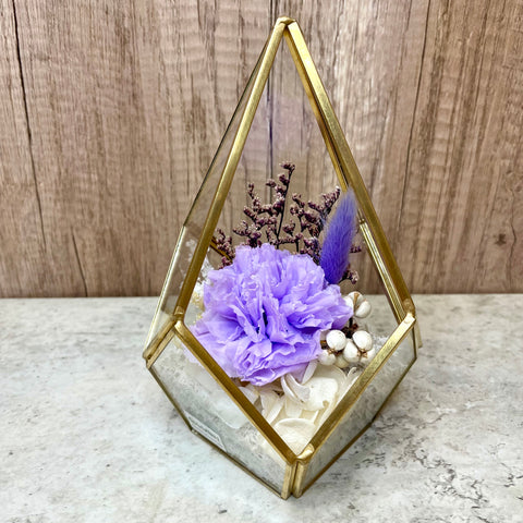 Angel Eternal Flower Preserved Carnation in Golden Teardrop Geometric Glass